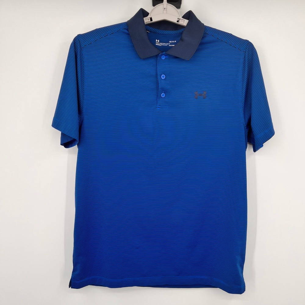 Under Armour Mens HeatGear Striped‎ Polo Shirt Blue Navy Loose Fit Large